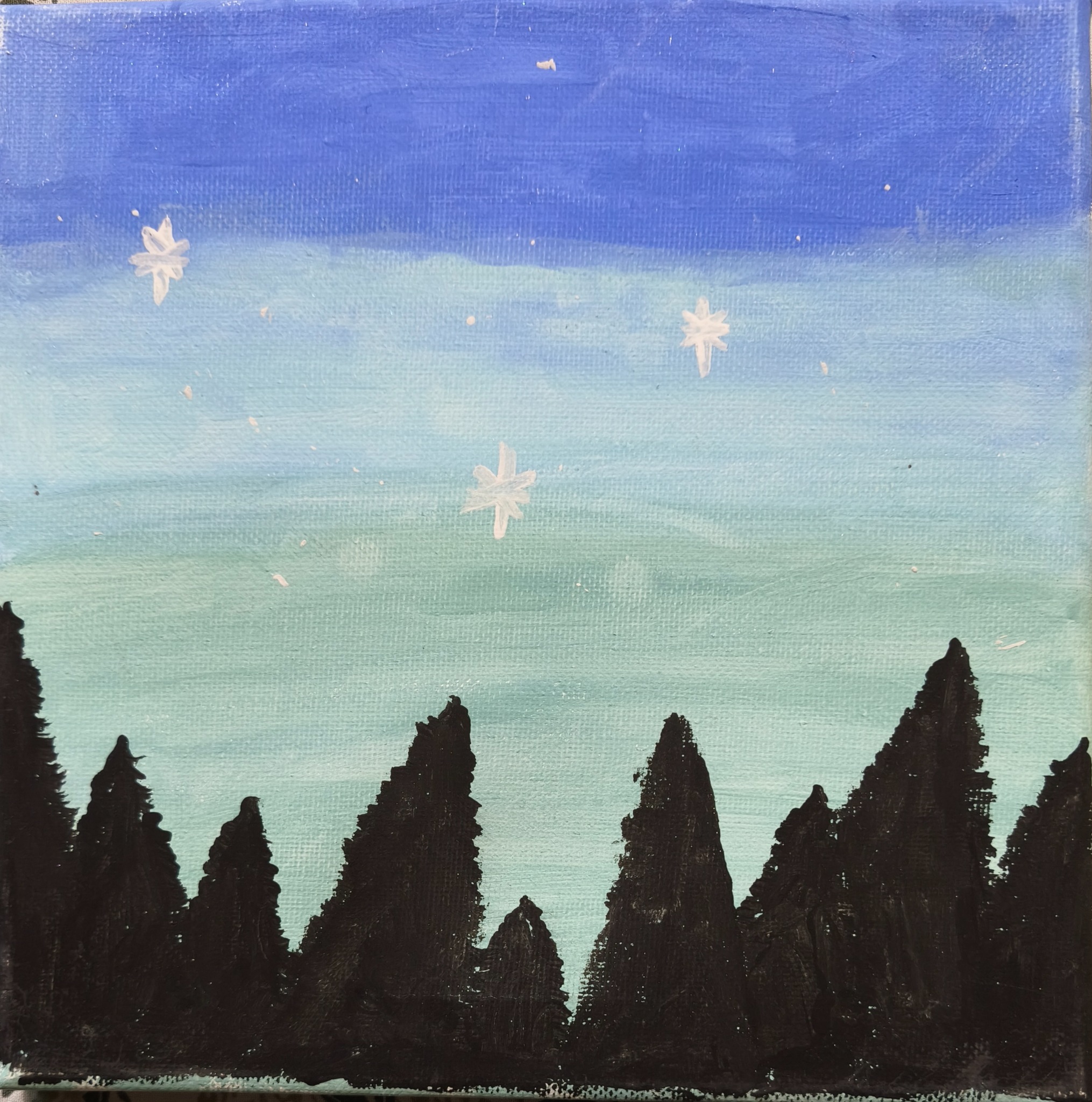 Black pine silhouettes against a turquoise and blue starry sky.