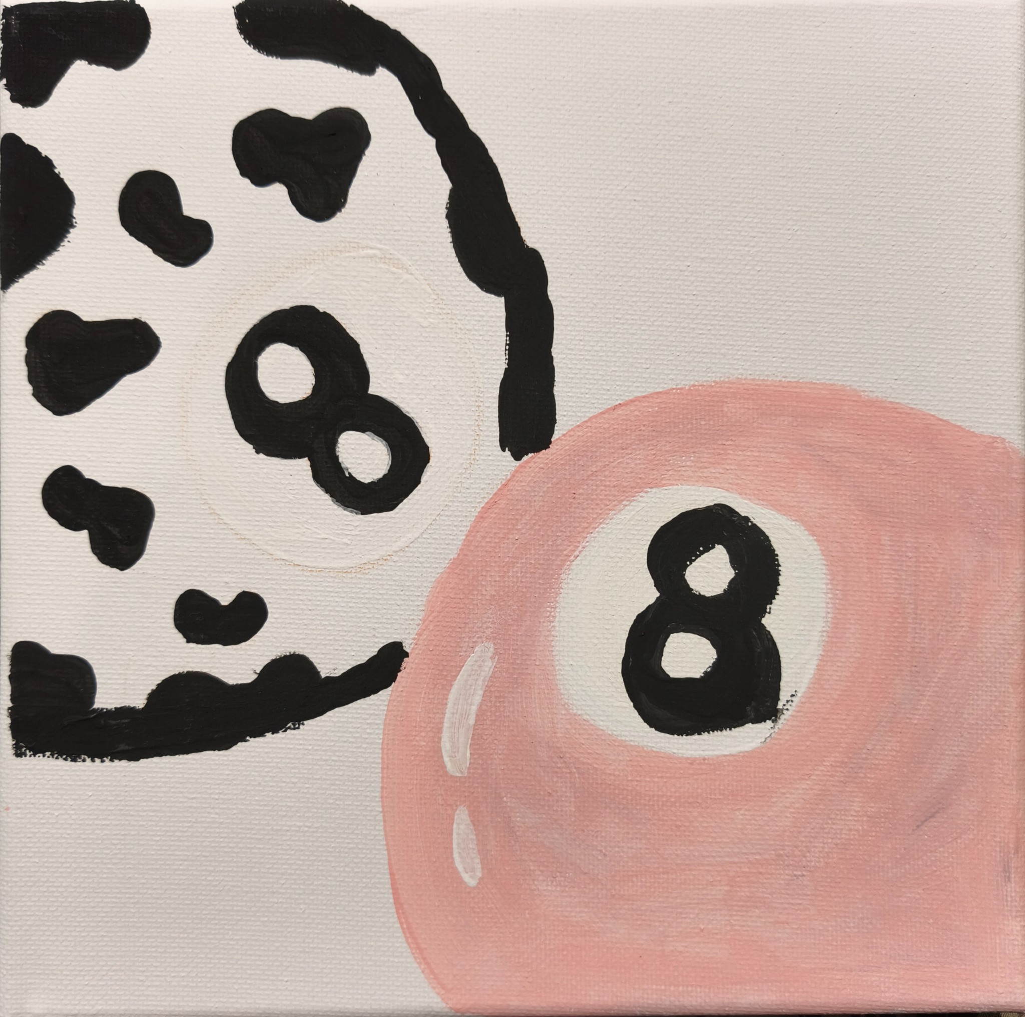 Stylised black-and-white and pink number-eight billiard balls.