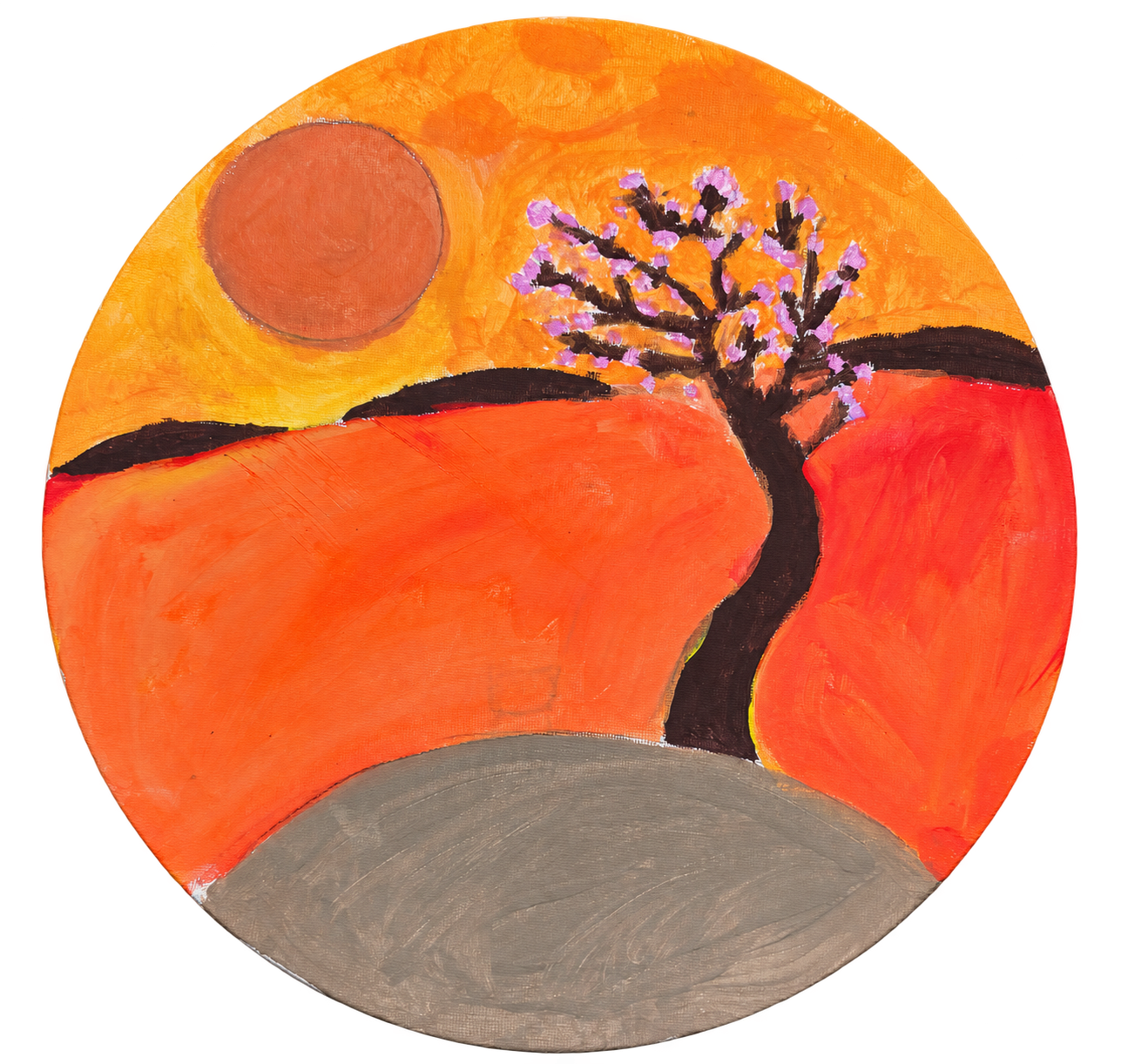 Round painting with an orange landscape, a sun and a pink-blossomed tree.